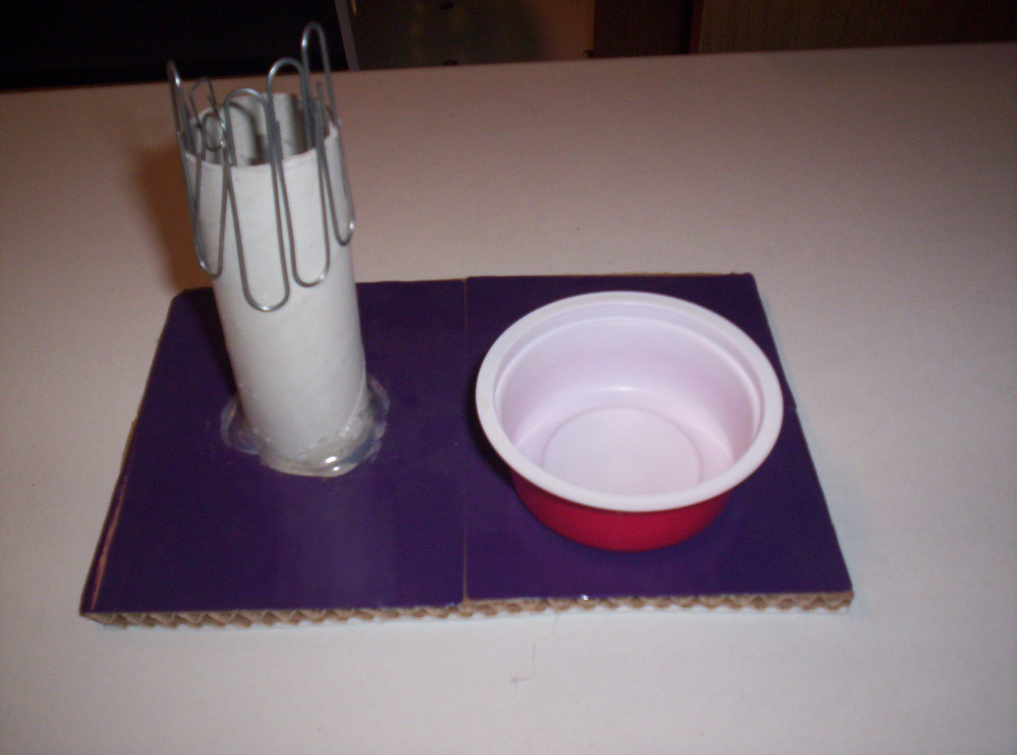 Su un pezzo di cartone sono incollati a sinistra un cilindro di cartone con infilate alcune graffette e a destra un piccolo contenitore in plastica rossa.